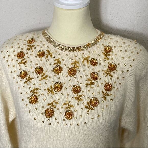 Worthington Vintage Silk, Angora & Lambswool Ivory Knit Sequin Sweater Women's M - Picture 8 of 15